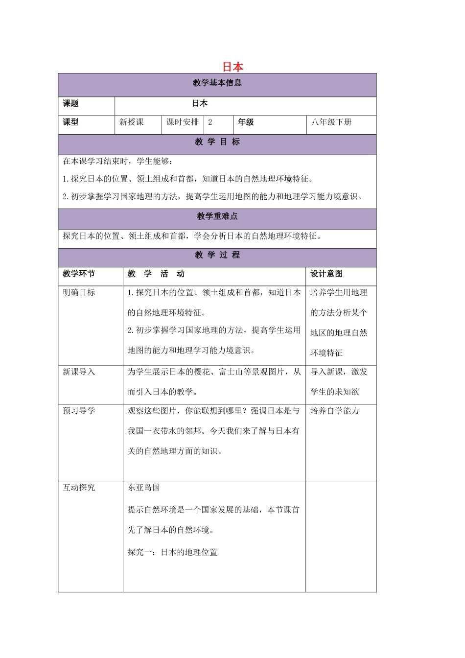 八年级地理下册 7.1 日本教案1 中图版-中图版初中八年级下册地理教案_第1页