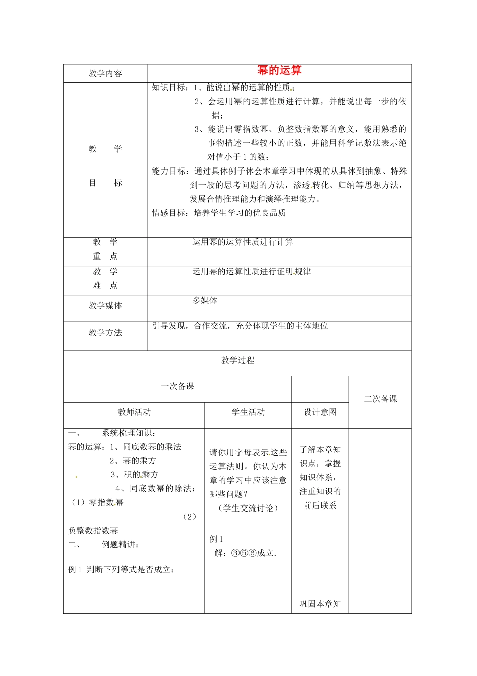 江苏省句容市后白中学七年级数学下册《第八章幂的运算》小结和思考教案 苏科版_第1页