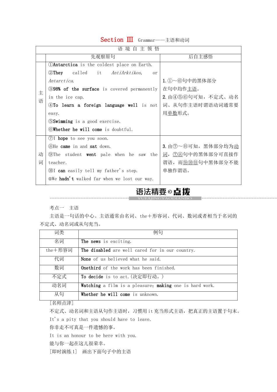 高中英语 Module 1 Deep South Section Ⅲ Grammar——主语和动词教案（含解析）外研版选修8-外研版高二选修8英语教案_第1页