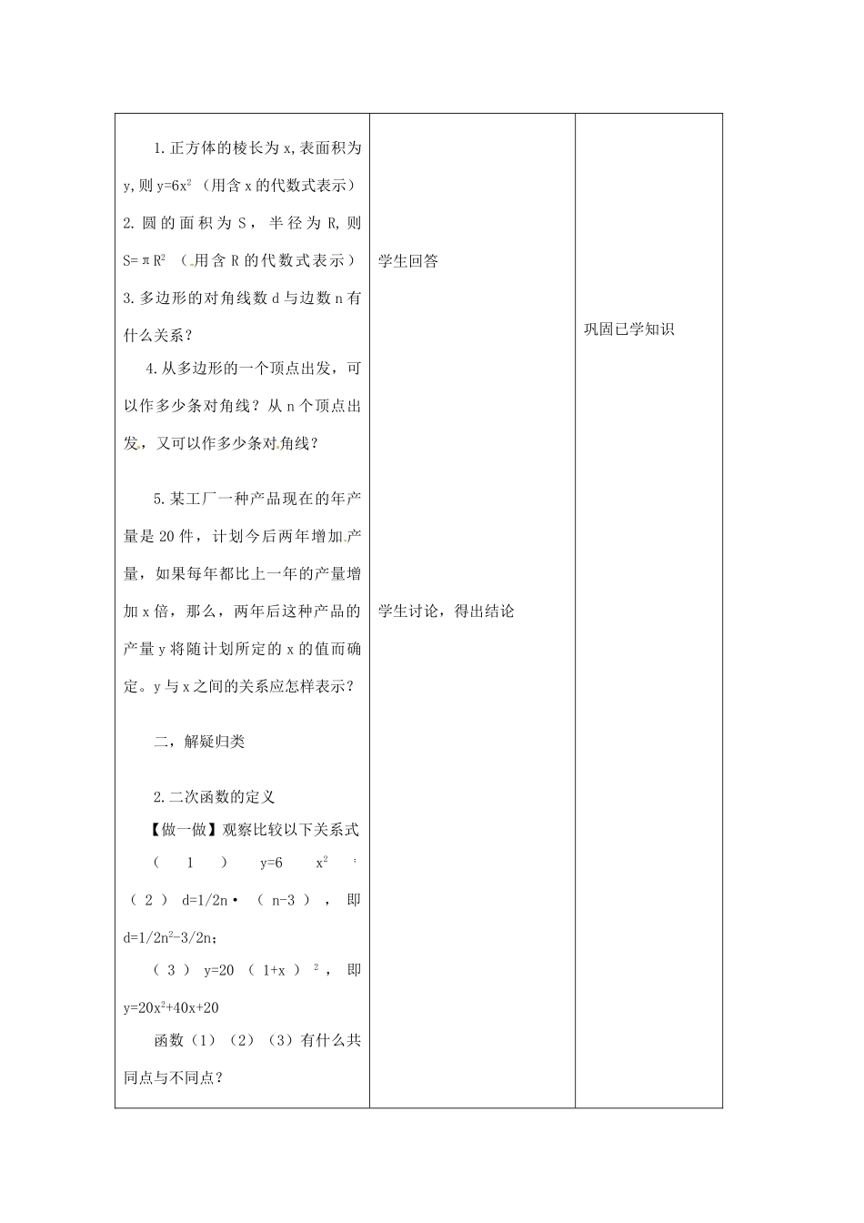 吉林省四平市第十七中学九年级数学下册《26.1.1 二次函数》教学设计 新人教版_第2页