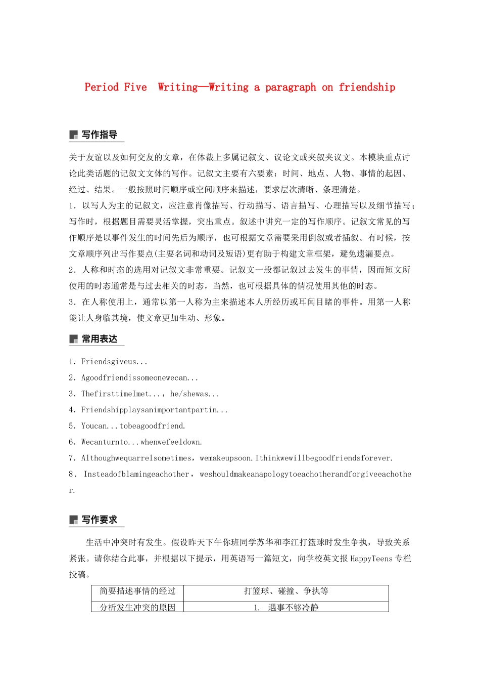 高中英语 Module 3 Interpersonal Relationships—Friendship Period Five教案（含解析）外研版选修6-外研版高二选修6英语教案_第1页
