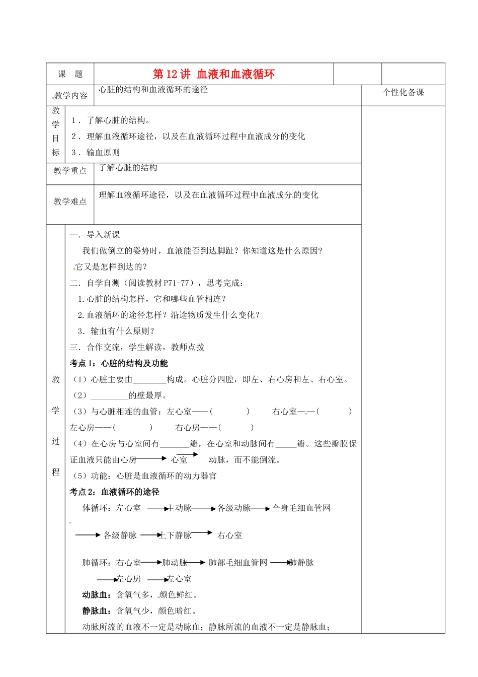 湖南省茶陵县世纪星实验学校八年级生物复习《第12讲 血液和血液循环》教案 人教新课标版_第1页