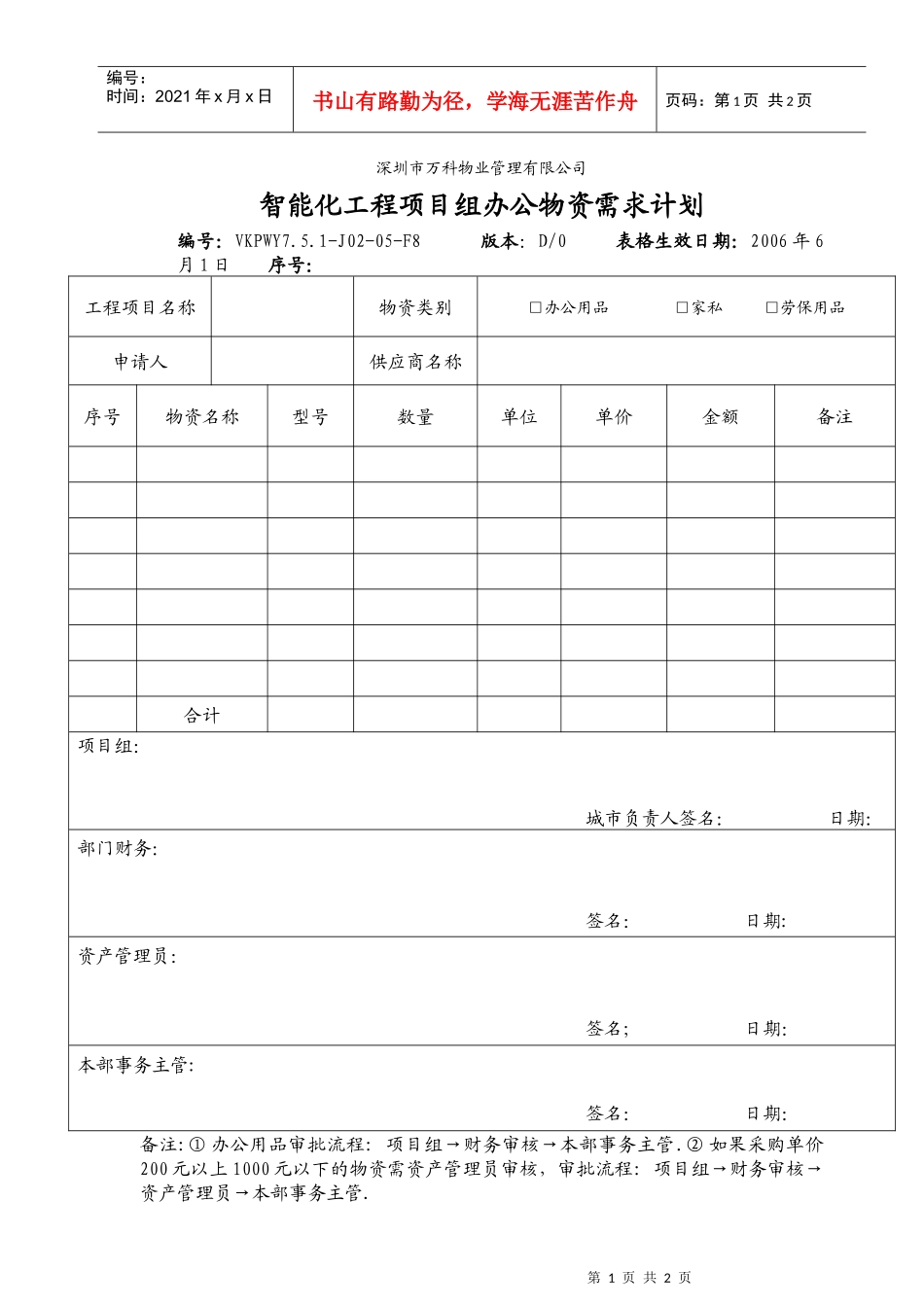 7.5.1-J02-05-F11智能化工程项目组办公物资需求计划_第1页