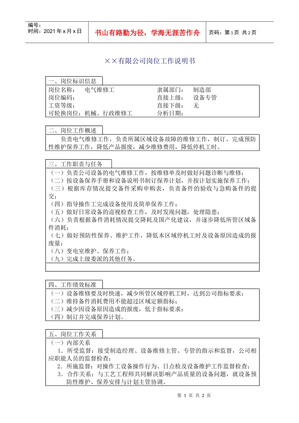 800hr03职位分析--电气维修工(doc)_第1页