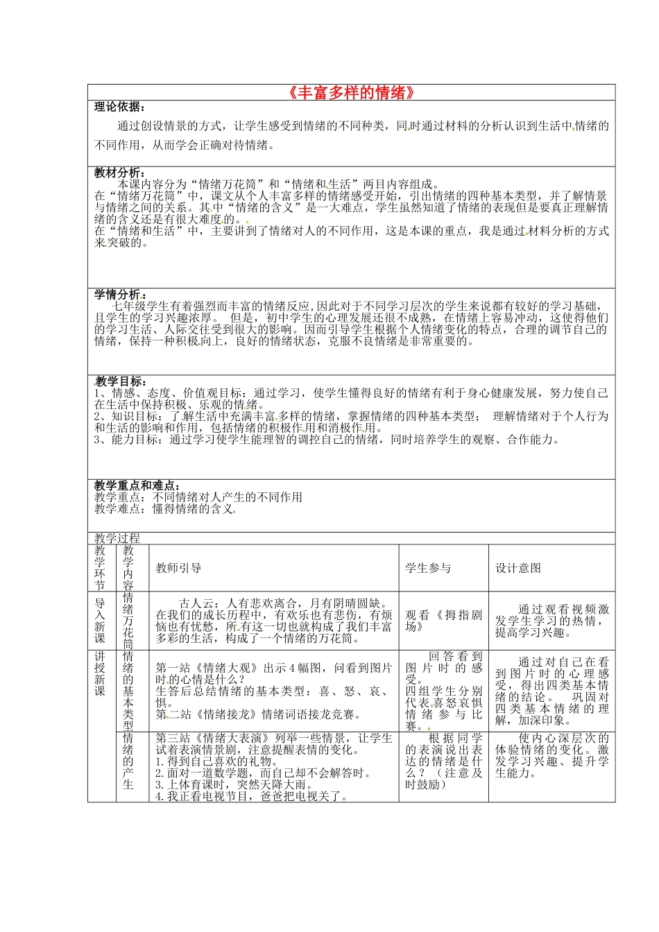 七年级政治上册 6.1 丰富多样的情绪教学设计2 新人教版-新人教版初中七年级上册政治教案_第1页