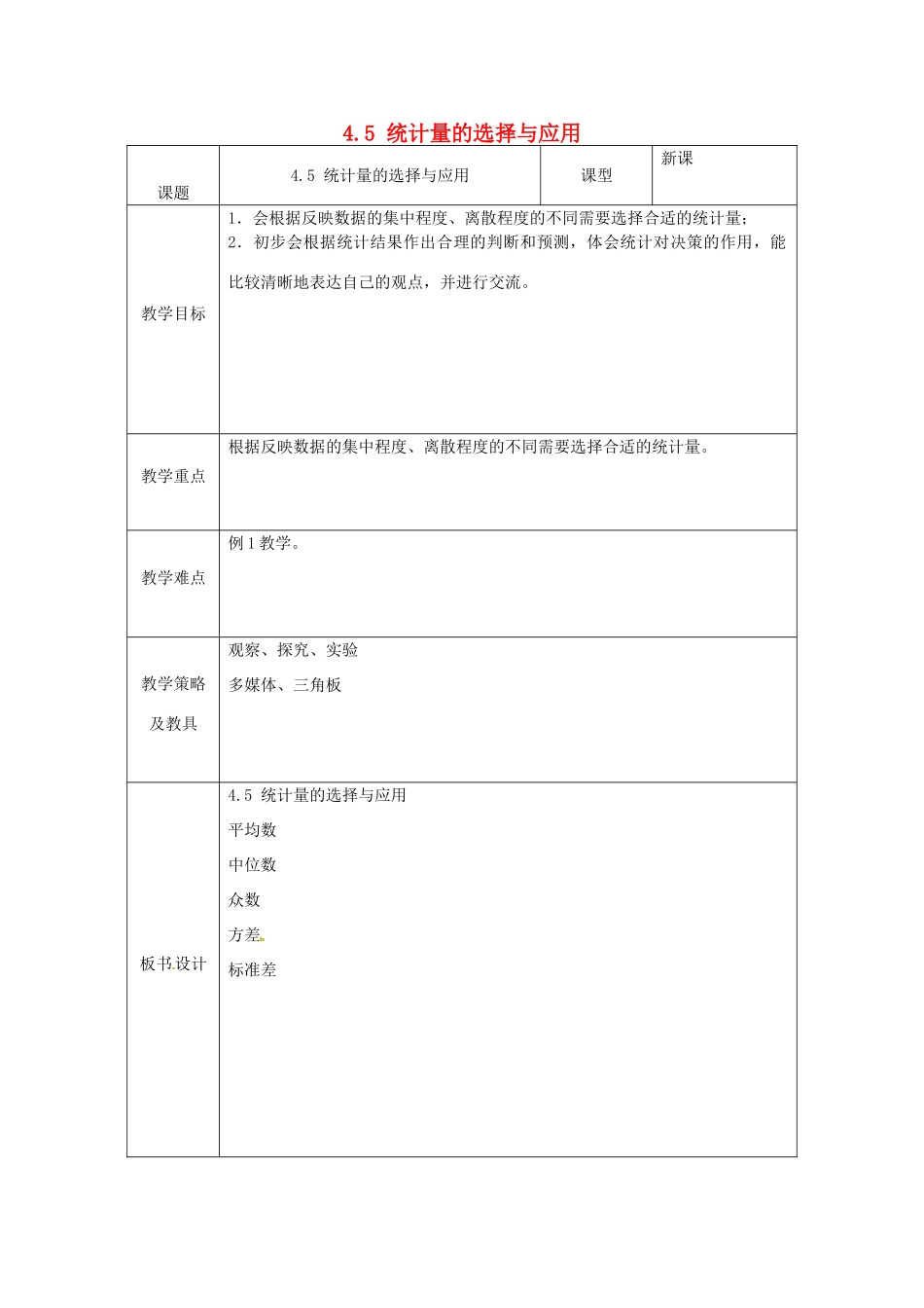 湖北省南漳县肖堰镇肖堰初级中学八年级数学上册 4.5 统计量的选择与应用教案 浙教版_第1页