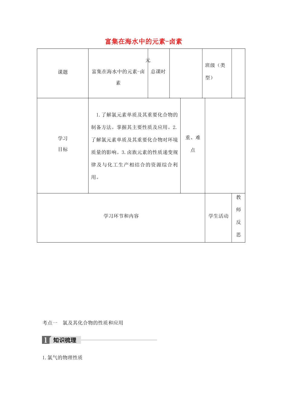 高中化学下学期第15周《富集在海水中的元素-卤素》教学设计-人教版高中全册化学教案_第1页