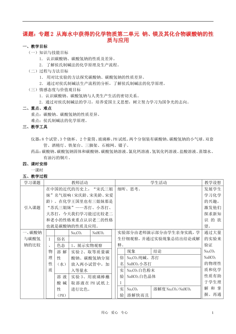 高中化学《钠 镁及其化合物》（碳酸钠的性质与应用）教案1 苏教版必修1_第1页