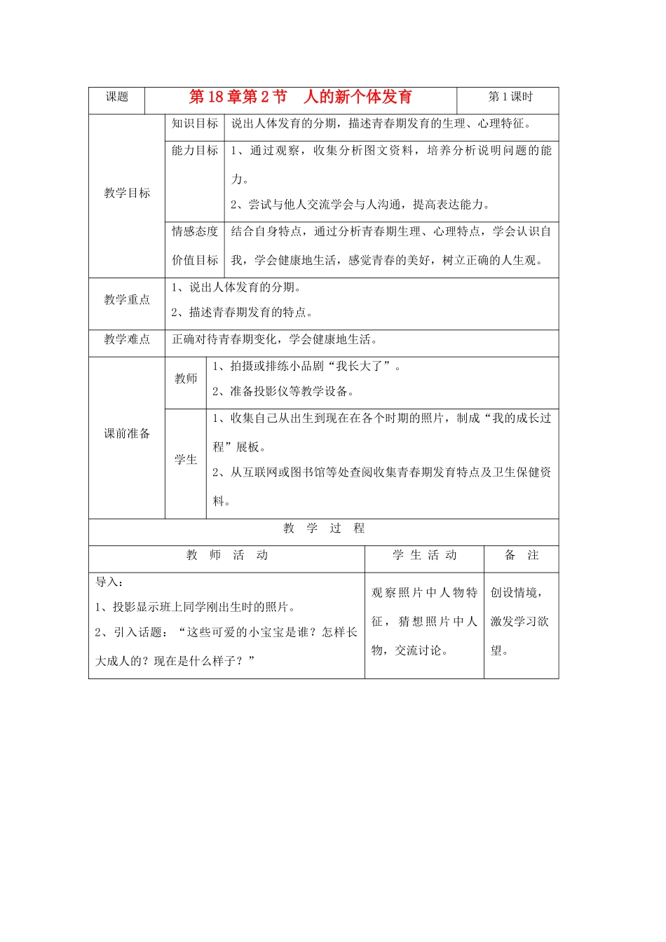 八年级生物上册 18.2 人的新个体发育 教案 苏科版_第1页