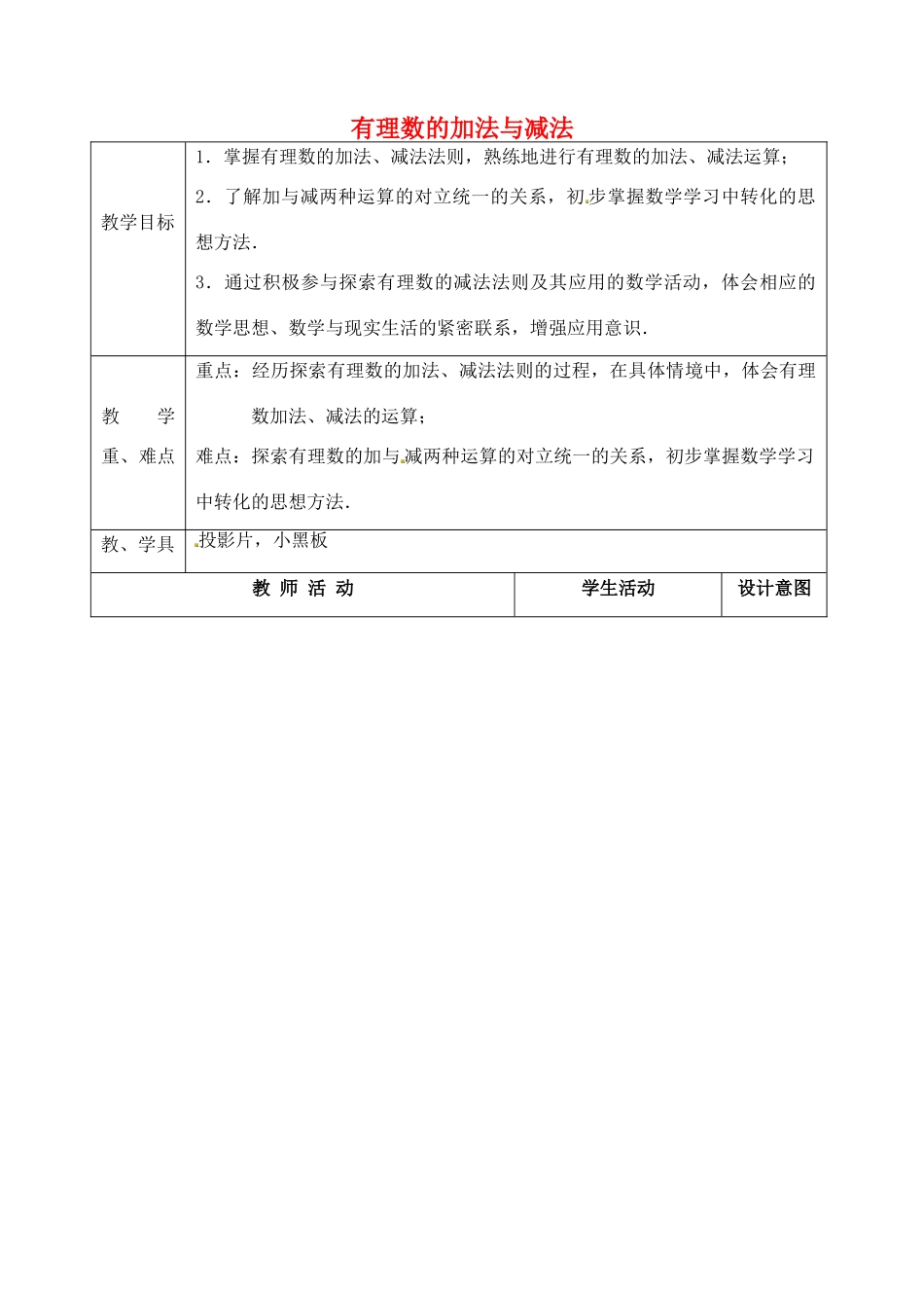 江苏省太仓市浮桥中学七年级数学上册 2.4 有理数的加法与减法（第4课时）教案 苏科版_第1页