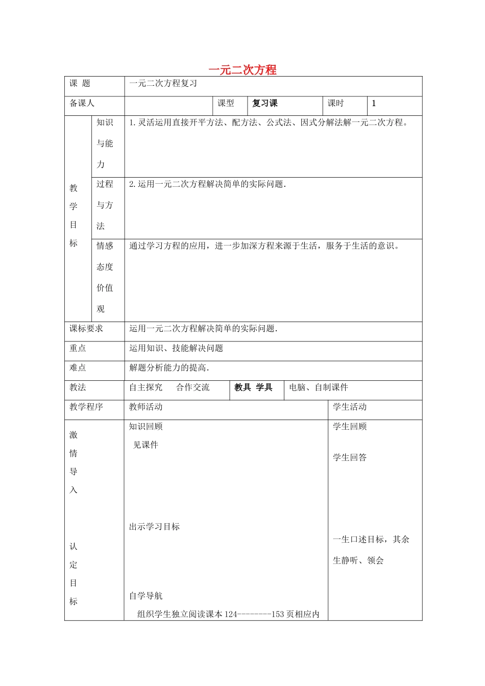 九年级数学上册 第4章 一元二次方程教案 （新版）青岛版-（新版）青岛版初中九年级上册数学教案_第1页
