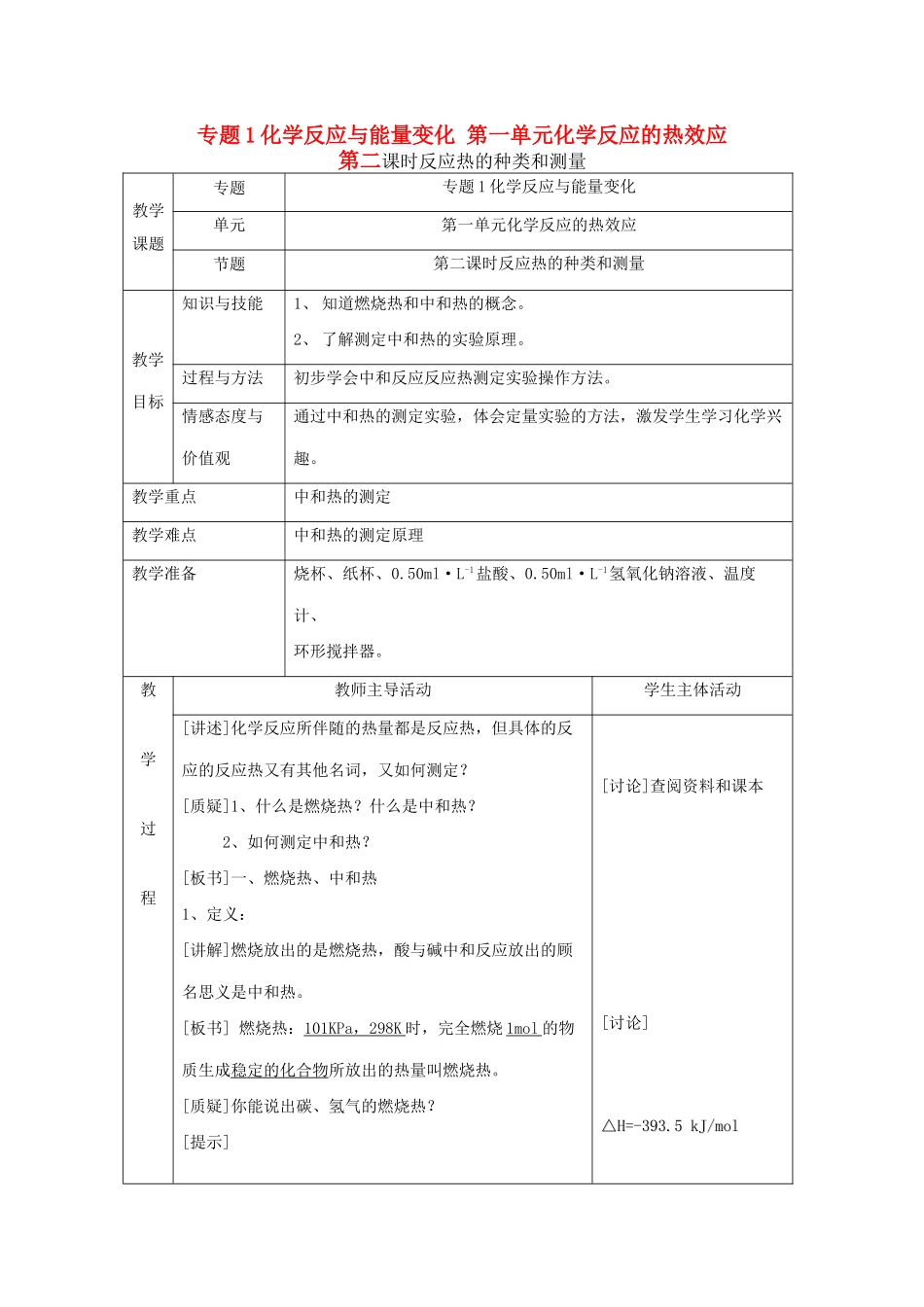 高中化学 专题1 化学反应与能量变化 1.1 化学反应中的热效应（第2课时）反应热的种类和测量教案 苏教版选修4-苏教版高二选修4化学教案_第1页