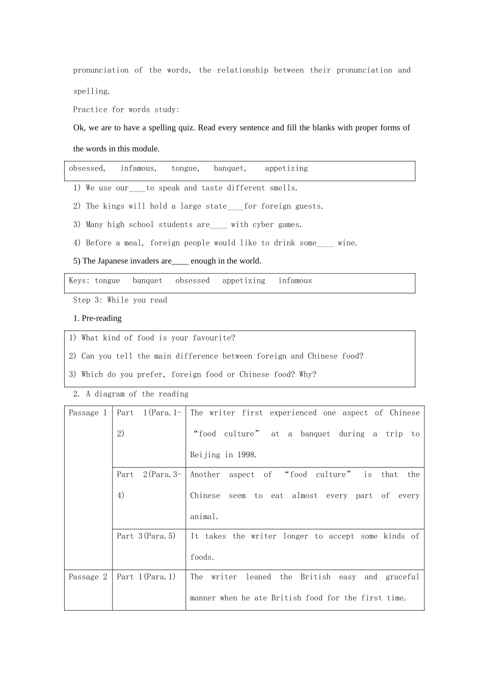 高中英语 Module3 Foreign Food Part One Teaching DesignPeriod1 Reading教学设计 外研版选修8-外研版高二选修8英语教案_第2页