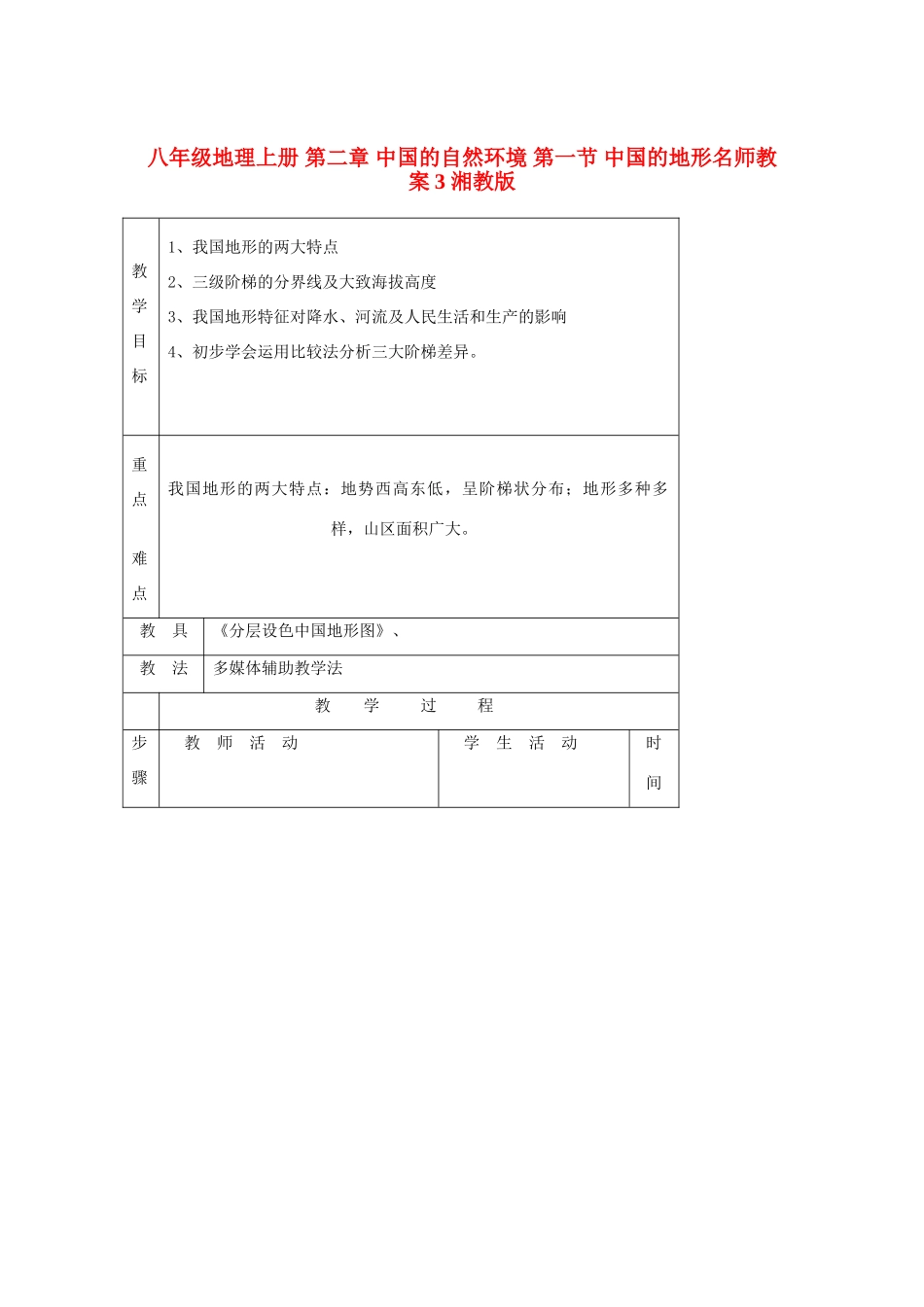 八年级地理上册 第二章 中国的自然环境 第一节 中国的地形名师教案3 湘教版_第1页