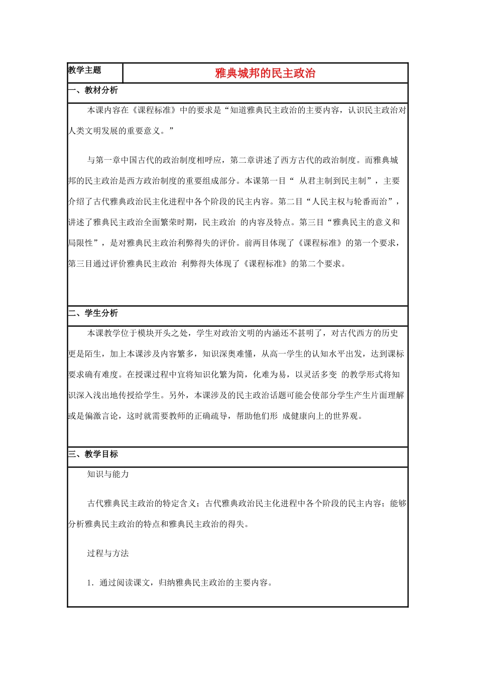 高中历史 第6课 雅典城邦的民主政治教案12 岳麓版必修1-岳麓版高一必修1历史教案_第1页