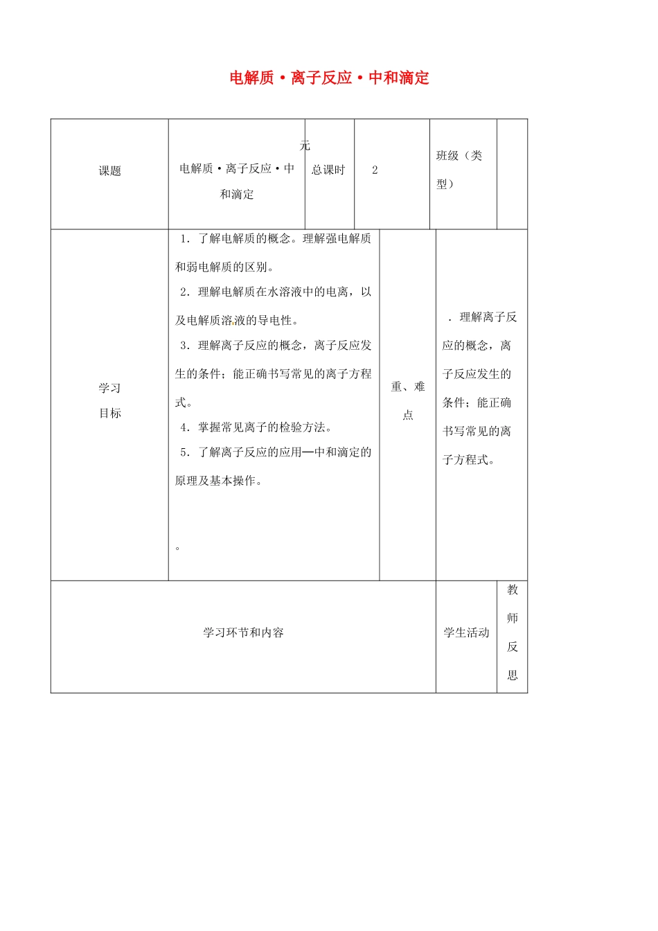 高中化学上学期第二周 电解质离子反应中和滴定教学设计-人教版高中全册化学教案_第1页