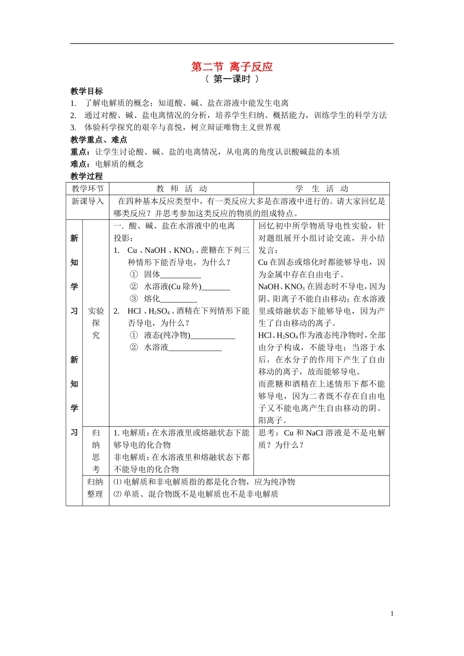 高中化学：2.2《离子反应》教案+随堂练习新课标人教版必修1_第1页