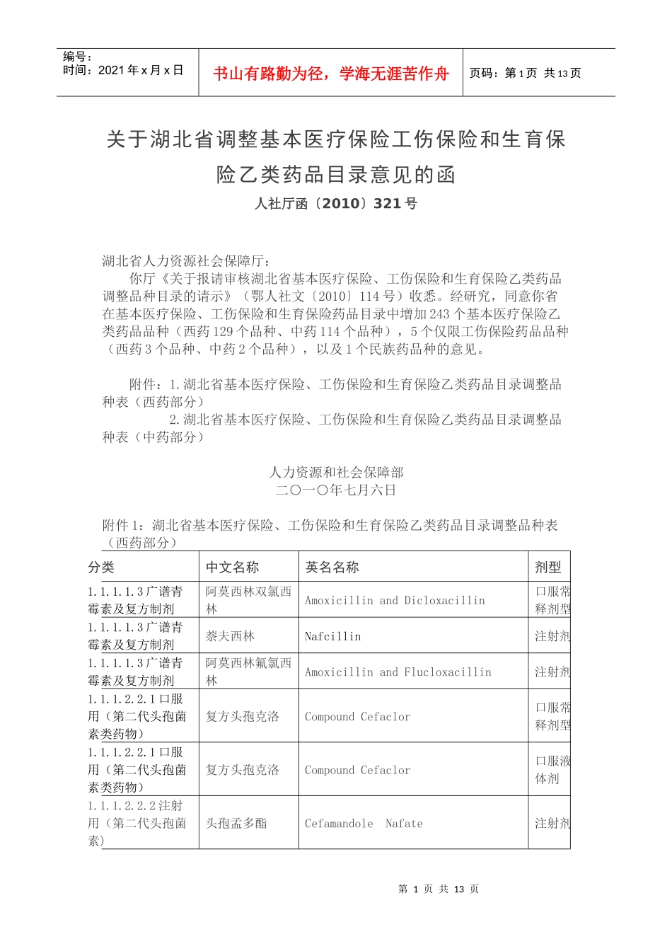 XXXX年湖北省基本医疗保险工伤保险和生育保险乙类药品目录_第1页