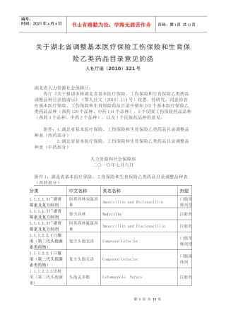 XXXX年湖北省基本医疗保险工伤保险和生育保险乙类药品目录