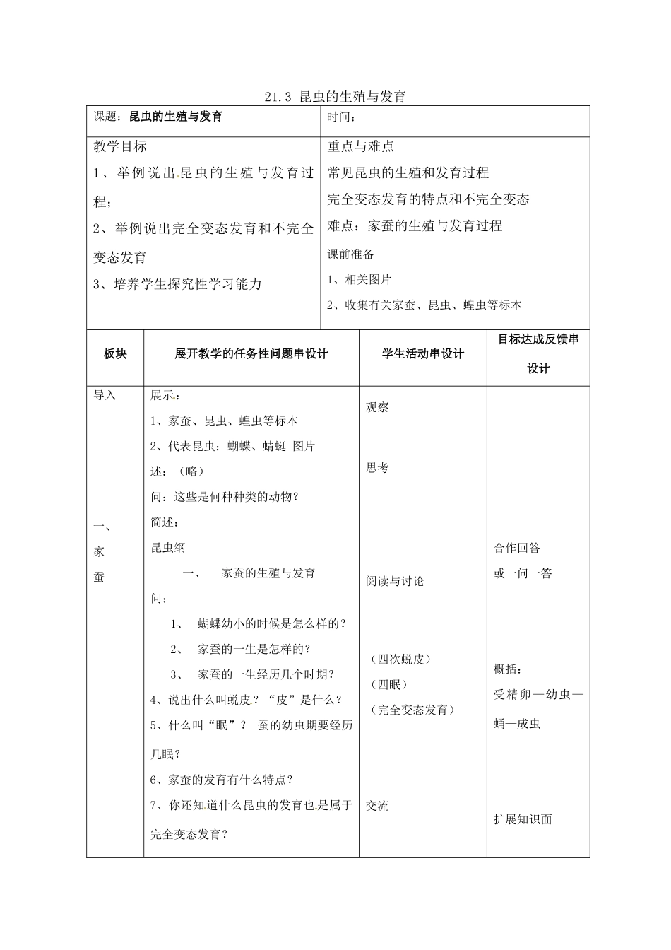 江苏省常州市西夏墅中学八年级生物下册 21.3 昆虫的生殖与发育教案 （新版）苏教版_第1页