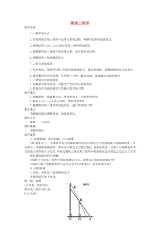 九年级数学上册 2.1  锐角三角形教案2 鲁教版五四制-鲁教版五四制初中九年级上册数学教案