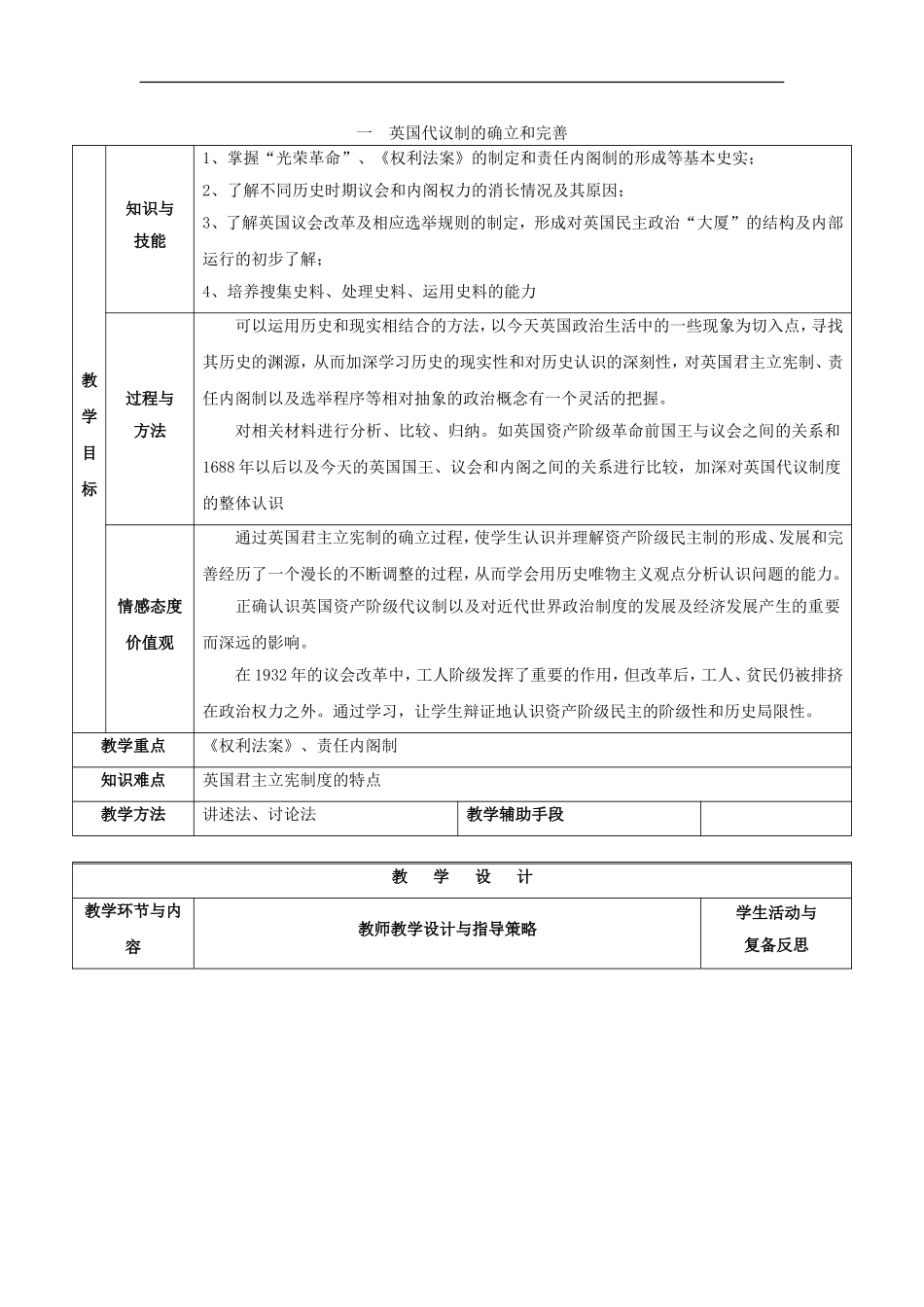 高中历史 专题七 近代西方民主政治的确立与发展 第1节 英国代议制的确立和完善基础指导教案 人民版必修1-人民版高一必修1历史教案_第1页