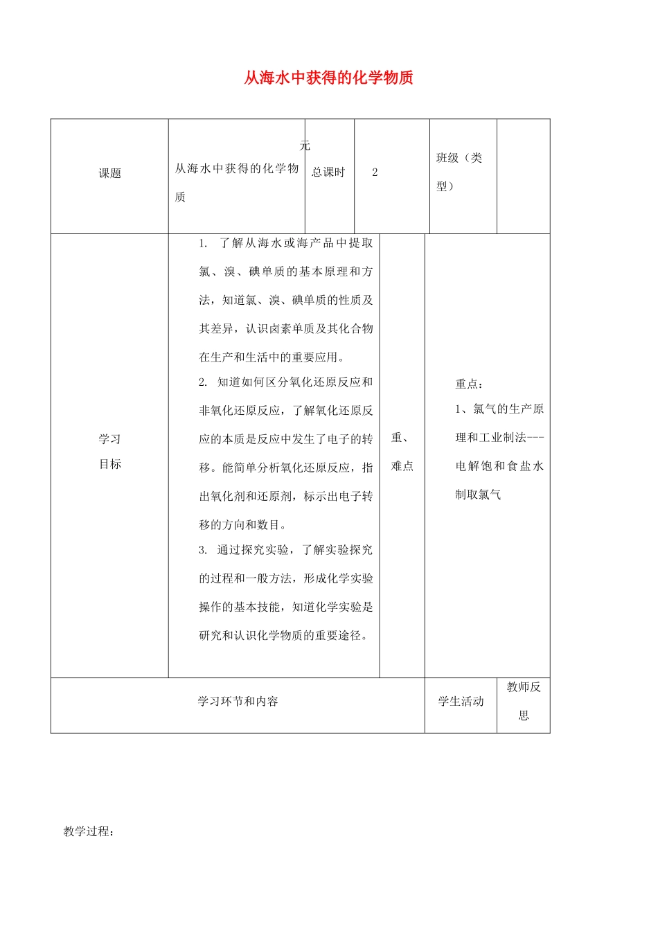 高中化学下学期第十七周 从海水中获得的化学物质教学设计-人教版高中全册化学教案_第1页