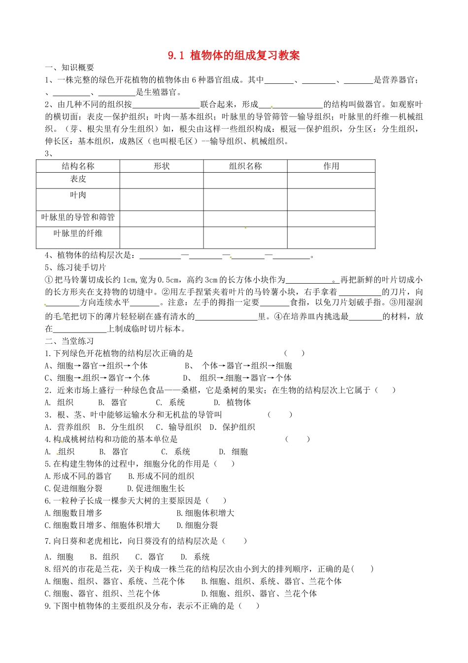 江苏省连云港东海县平明镇中学七年级生物下册 9.1 植物体的组成复习教案 苏科版_第1页