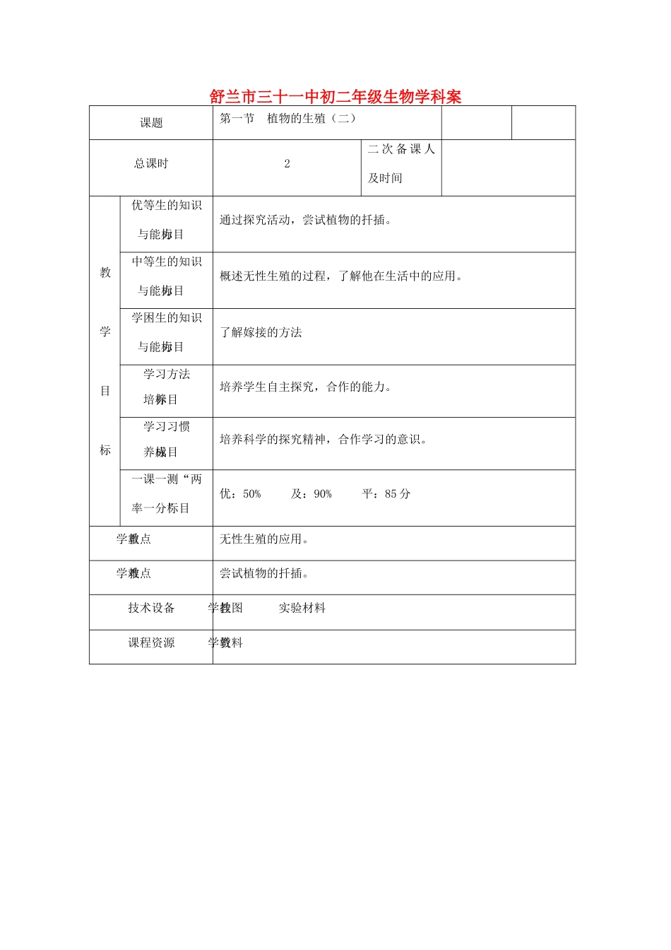 吉林省舒兰市三十一中八年级生物学科下册第一节  植物的生殖（二）教案 人教新课标版_第1页