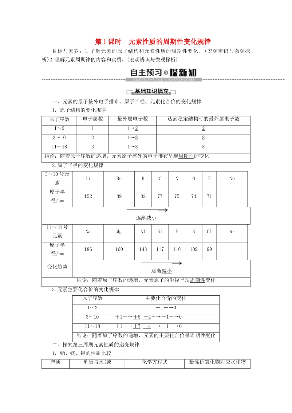 高中化学 第4章 第2节 第1课时 元素性质的周期性变化规律教案 新人教版必修第一册-新人教版高一第一册化学教案_第1页