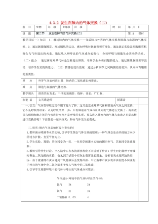 湖南省宁乡县三仙坳初级中学七年级生物下册《4.3.2 发生在肺内的气体交换（二）》教案 新人教版