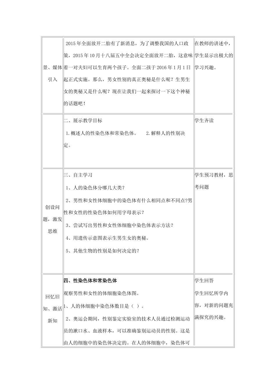 八年级生物下册 第八单元 生物的生殖、发育与遗传 第二十二章 生物的遗传和变异 第三节 人的性别决定教案2（新版）苏教版-（新版）苏教版初中八年级下册生物教案_第3页