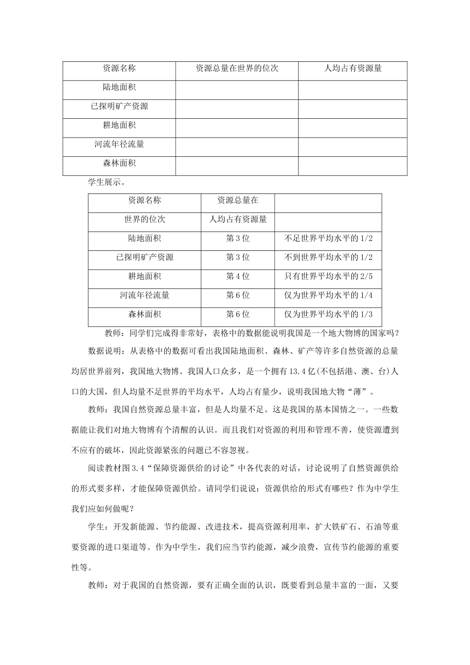 八年级地理上册 第三章 中国的自然资源 第一节自然资源的基本特征 第2课时 总量丰富，人均不足教案 （新版）新人教版-（新版）新人教版初中八年级上册地理教案_第2页