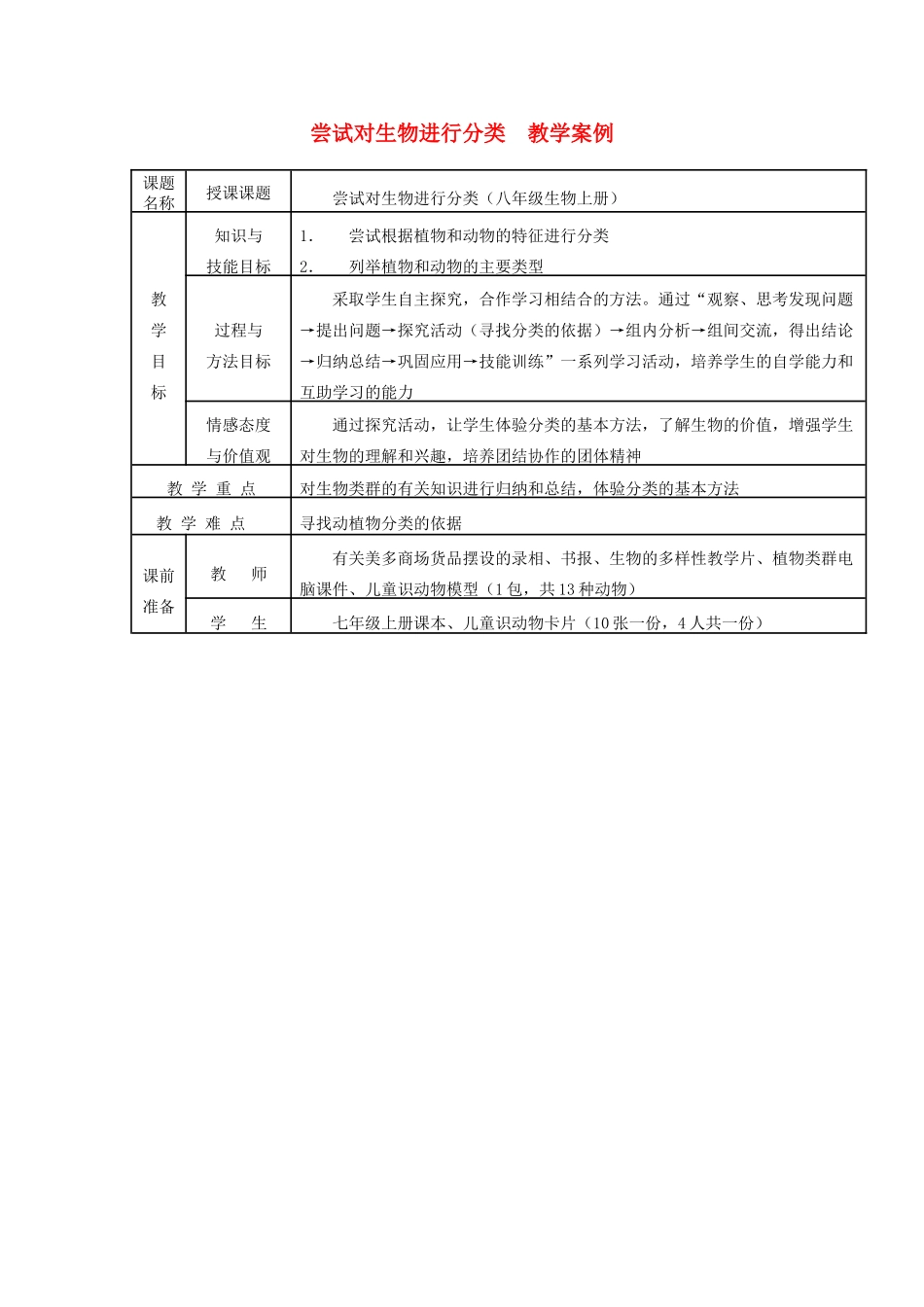 八年级生物上册 尝试对生物进行分类教学案例 新人教版 _第1页