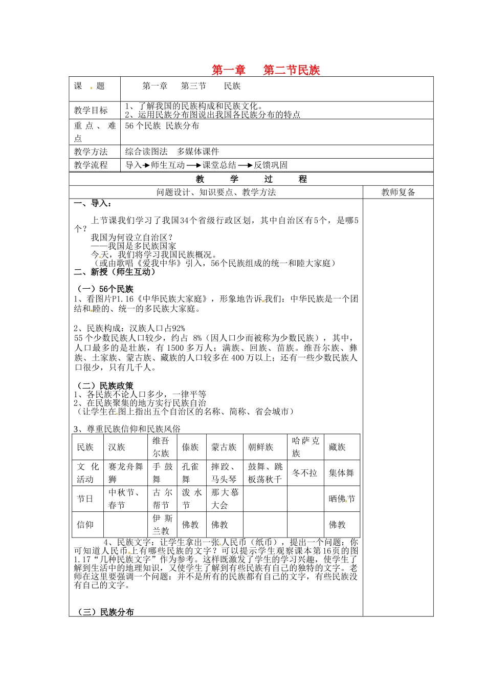 江苏省南京市上元中学八年级地理上册 第一章 第二节民族教案 新人教版_第1页