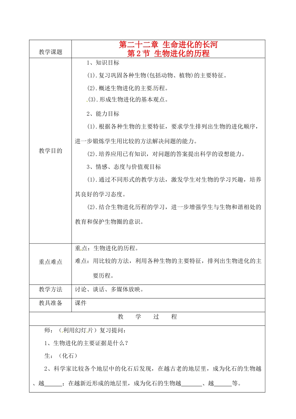 江苏省苏州市第二十六中学八年级生物 22.2《生物进化的历程》教案_第1页