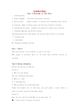 高中英语 Unit4 Behind beliefs-Welcome to the Unit精品教案 牛津译林版选修9
