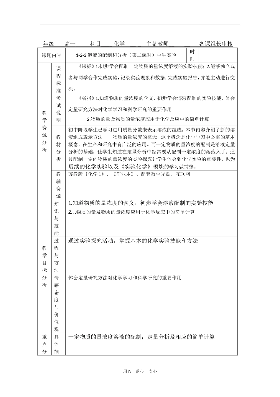 高中化学：1.2.3《溶液的配制及分析2》教案（苏教版必修1）_第1页
