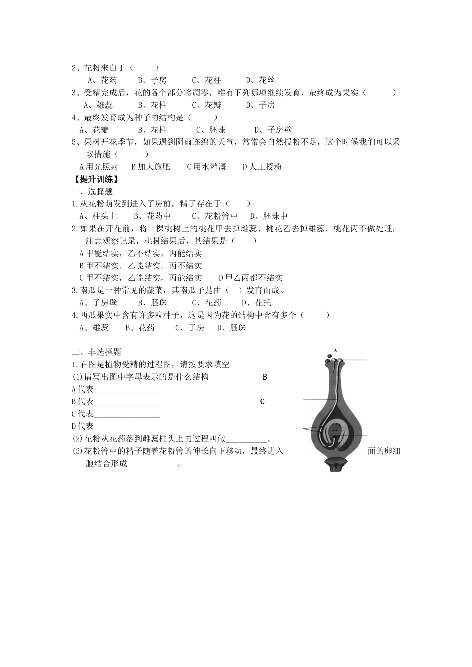 广东省东莞市低涌中学七年级生物上册 第三单元 第二章 第三节 开花和结果学案（无答案）（新版）新人教版_第2页