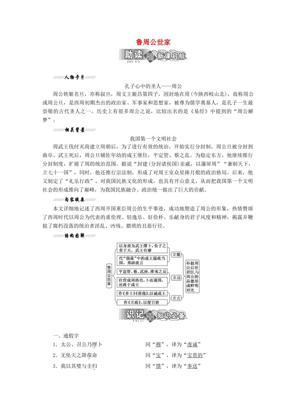 高中语文 专题二 第4课 鲁周公世家讲义 苏教版选修《史记》选读-苏教版高二选修语文教案_第1页