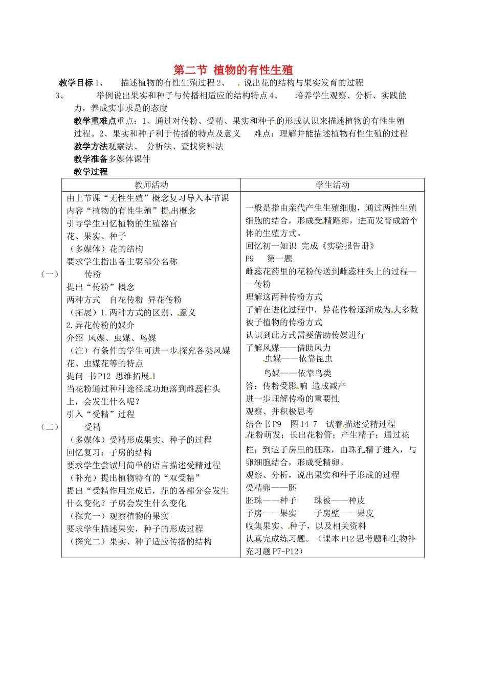 江苏省盐城东台市唐洋镇八年级生物上册《第二节 植物的有性生殖》教案 苏教版_第1页