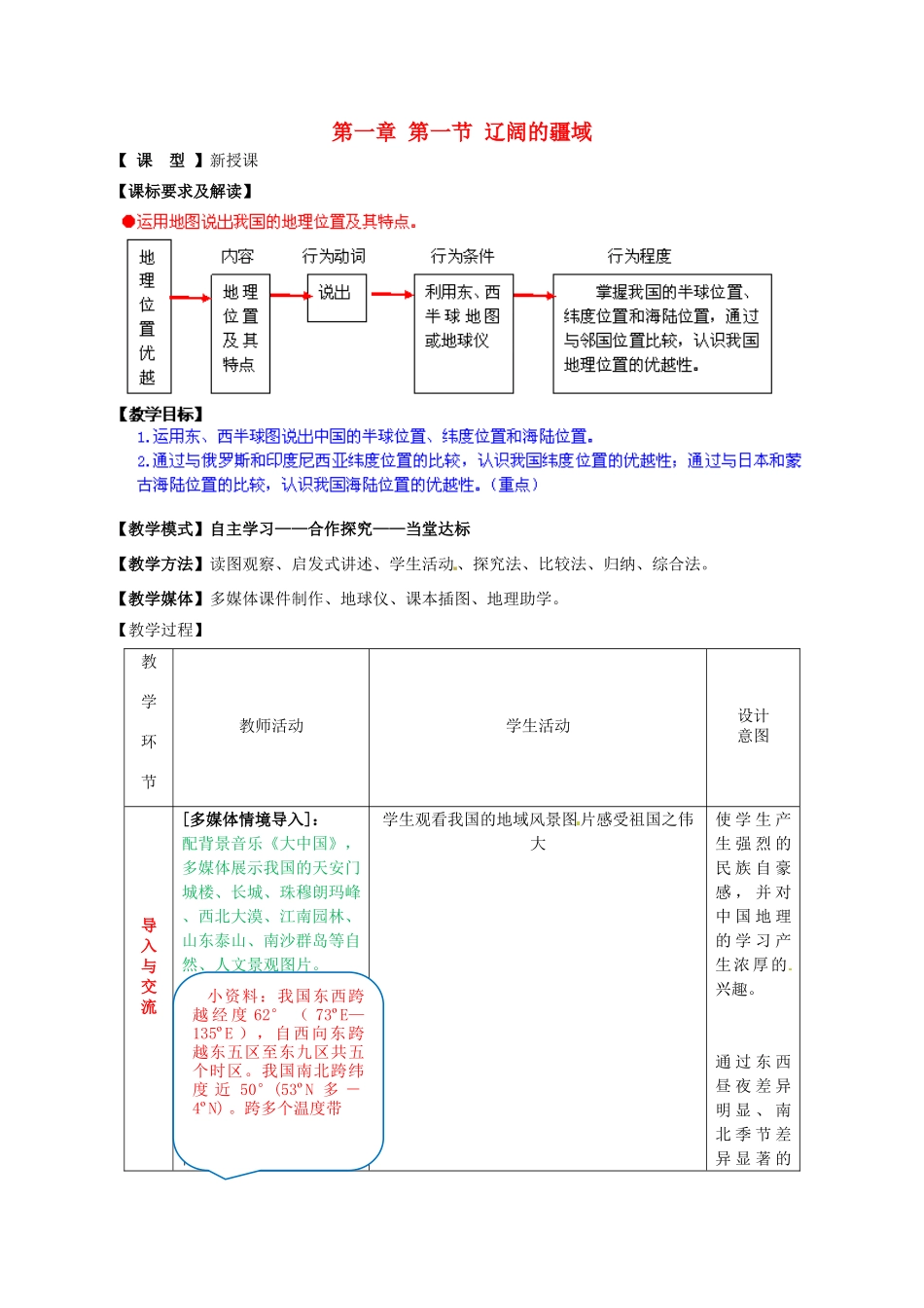 八年级地理上册 第一章 第一节 辽阔的疆域（第1课时）教案 （新版）商务星球版_第1页