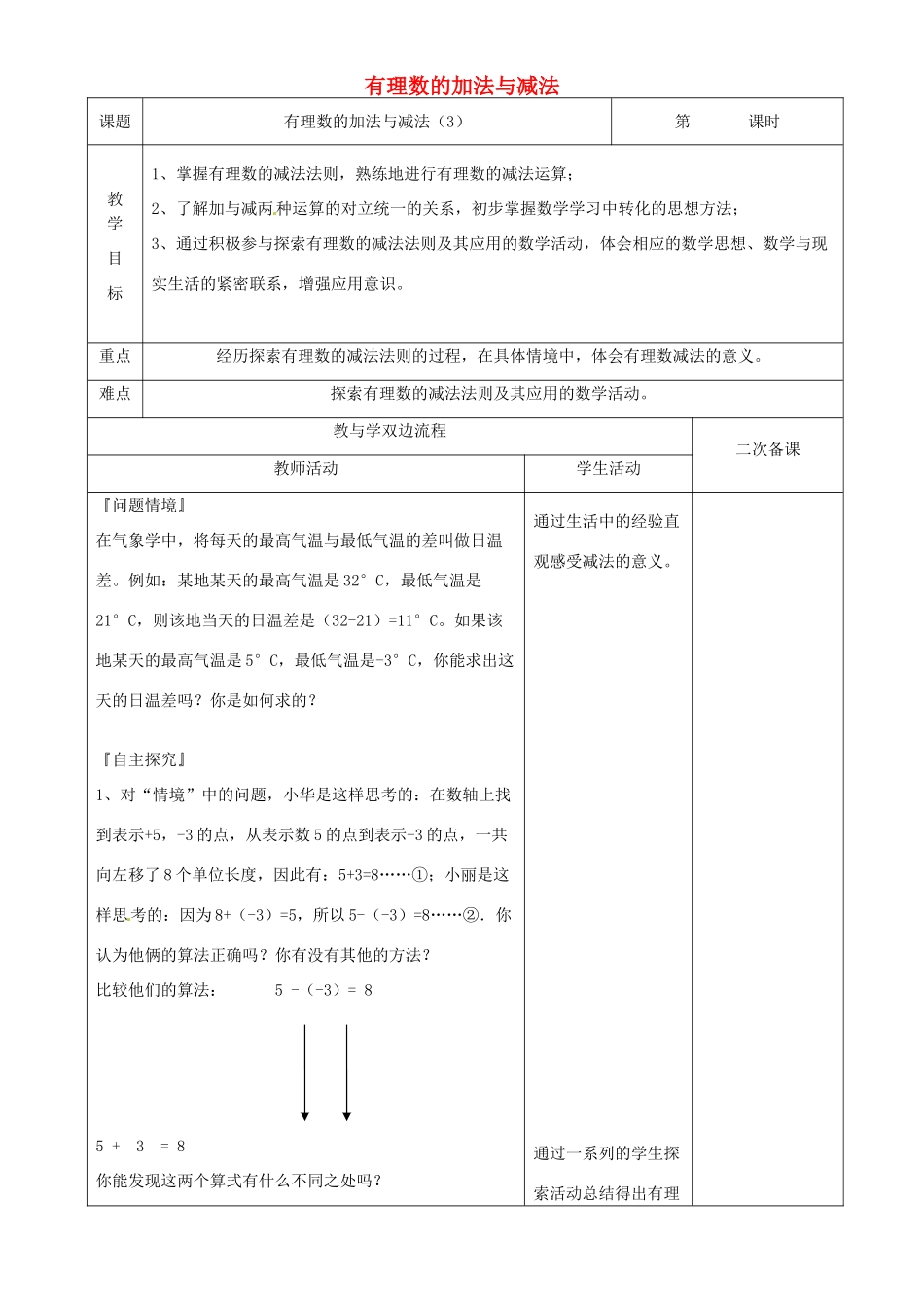 江苏省常州市潞城中学七年级数学上册 有理数的加法与减法（第3课时）教案 （新版）苏科版_第1页