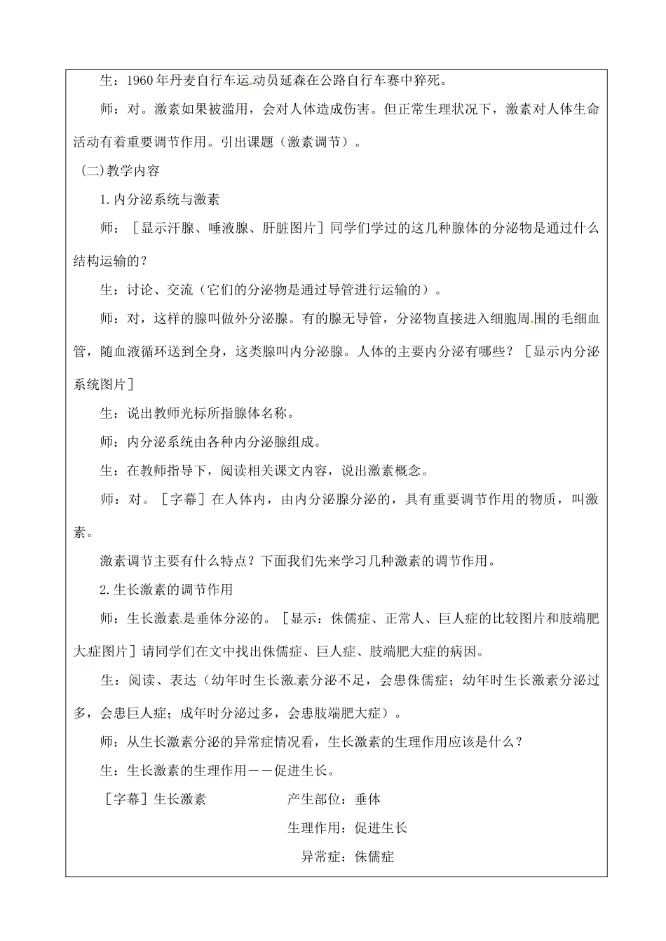 江苏省苏州市第26中学八年级生物 15.3《人体的激素调节》教案_第2页