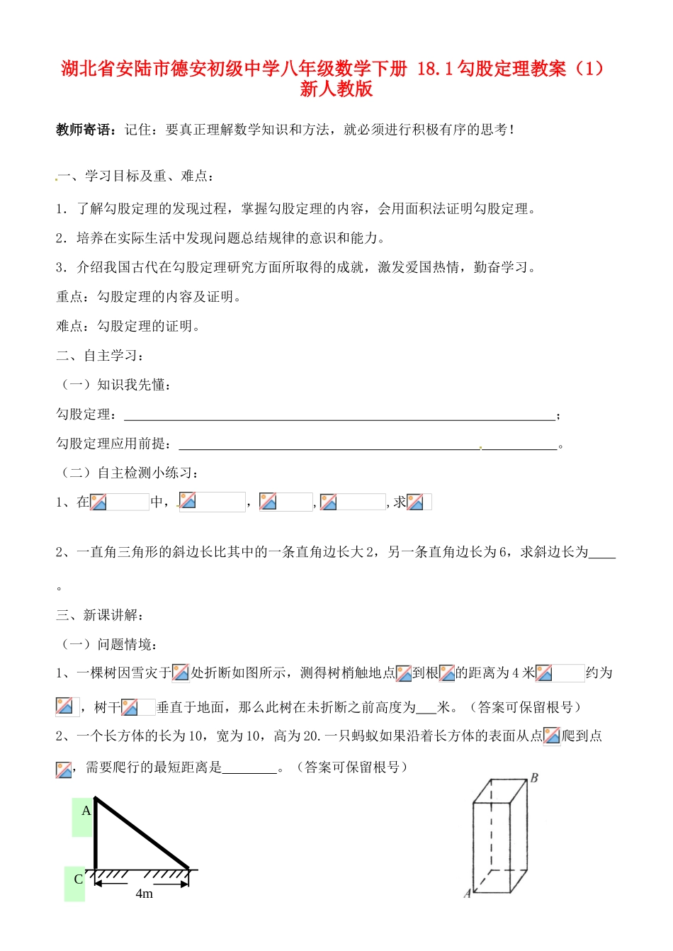 湖北省安陆市德安初级中学八年级数学下册 18.1勾股定理教案（1） 新人教版_第1页