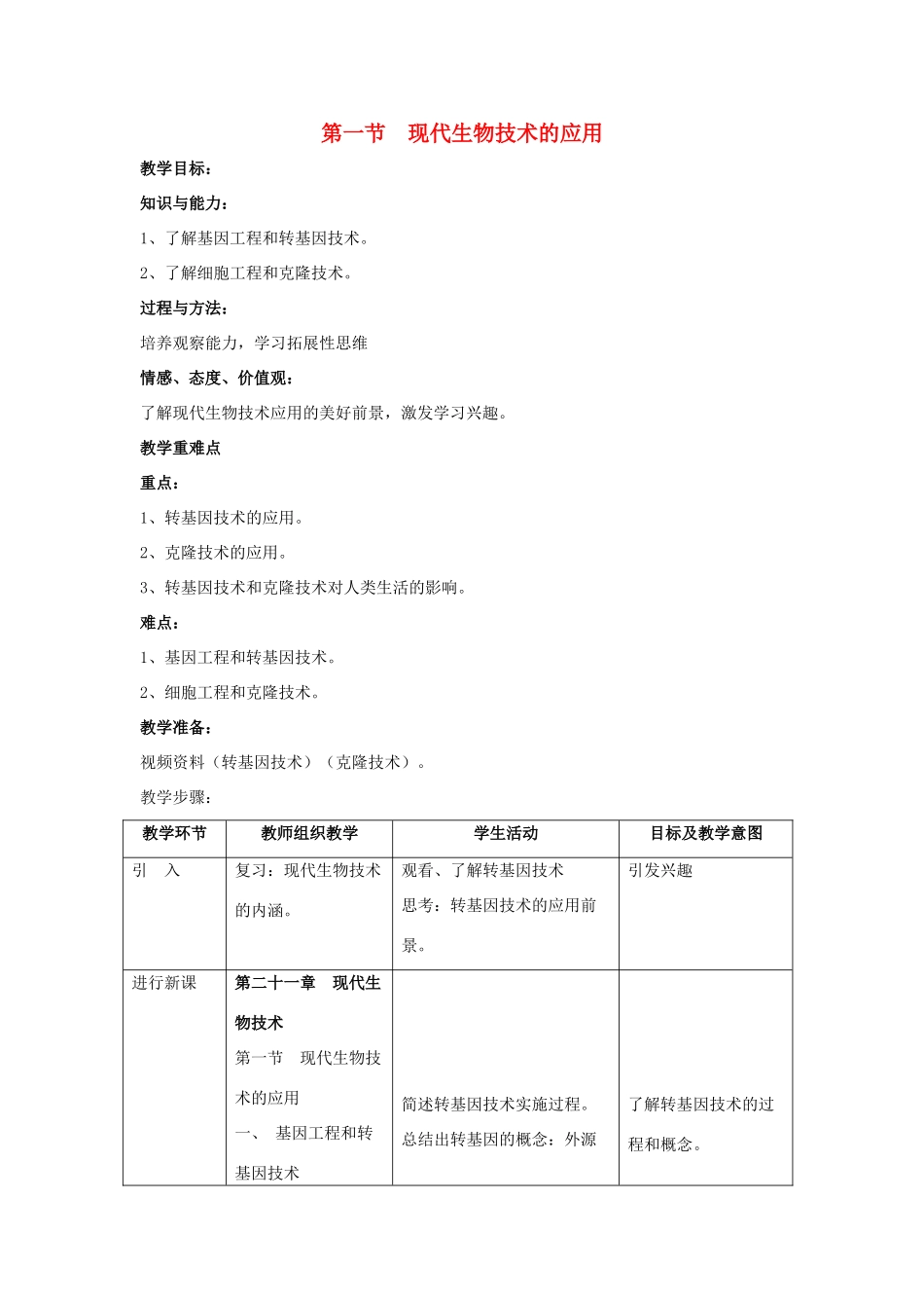 八年级生物下册 第二十四章 第一节《现代生物技术的应用》教案 （新版）苏教版_第1页
