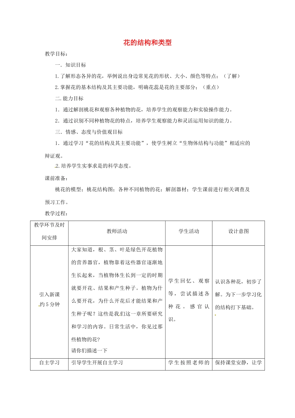 八年级生物上册 4.1.1花的结构和类型教学设计 （新版）济南版-（新版）济南版初中八年级上册生物教案_第1页