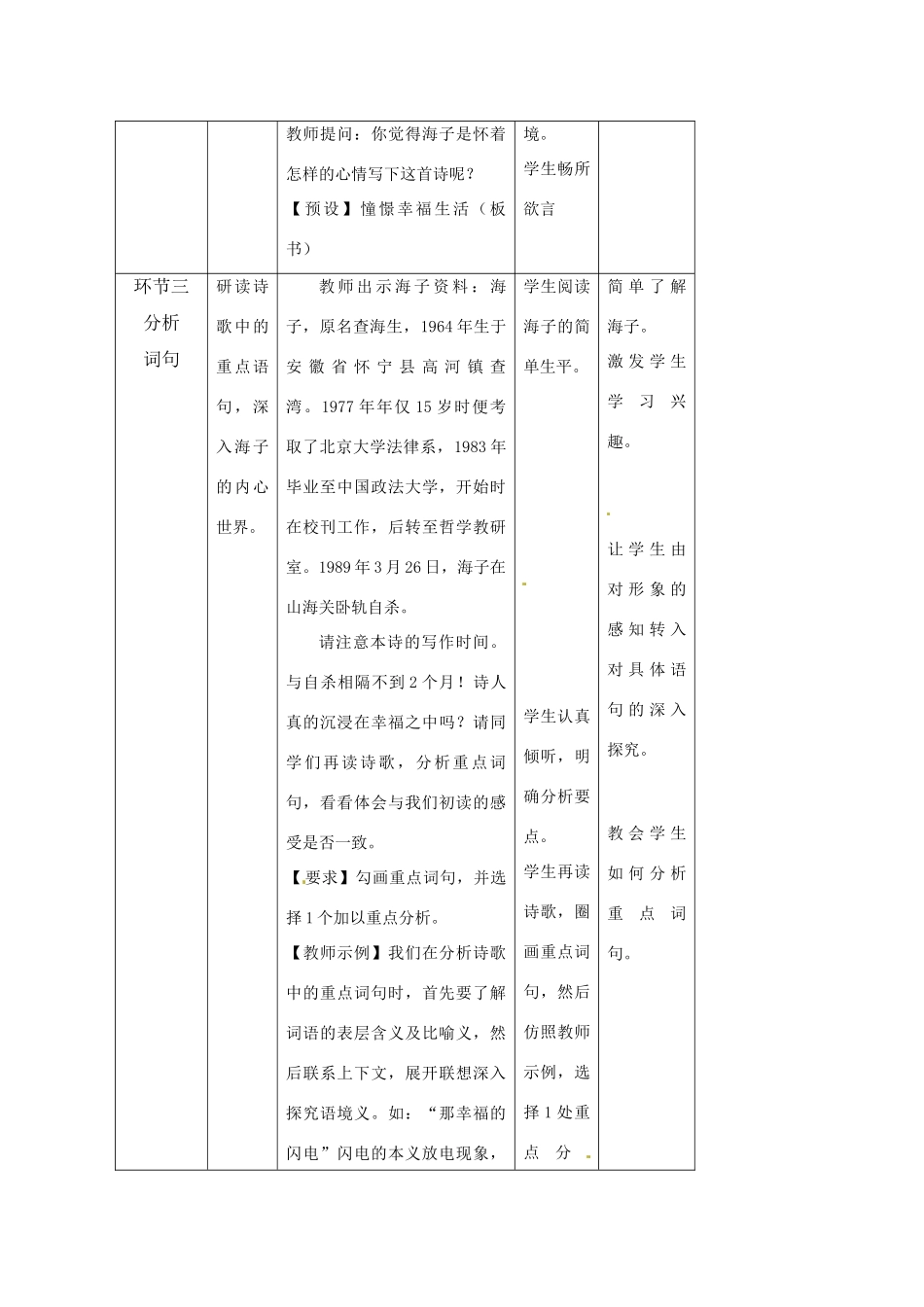 高中语文 第一单元之《面朝大海 春暖花开》教学设计 人教版第一册_第3页