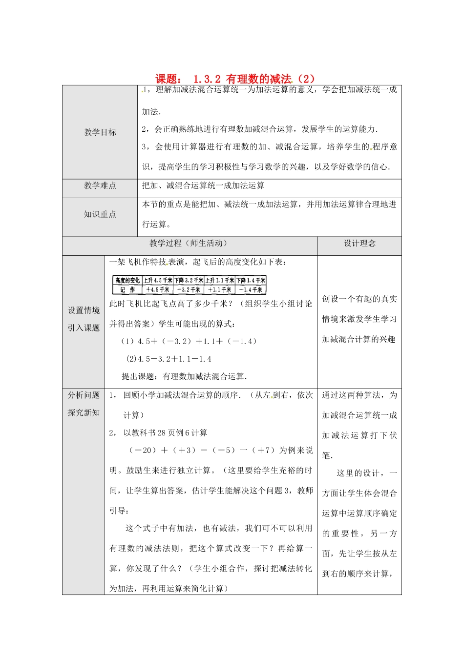 湖北省武汉市为明实验学校七年级数学上册《1.3.2 有理数的减法》教案（2） 人教新课标版_第1页