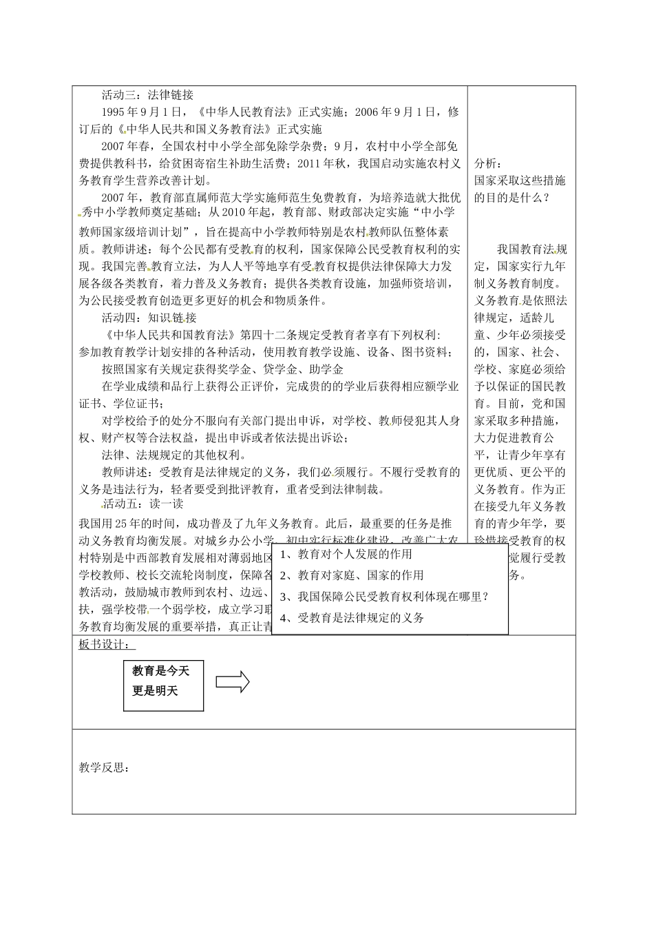 山东省郯城县八年级道德与法治上册 第四单元 人身权、受教育权：美好生活最相关 第8课 受教育 为幸福生活奠基 第1框 教育是今天 更是明天教案 鲁人版六三制-鲁人版初中八年级上册政治教案_第2页